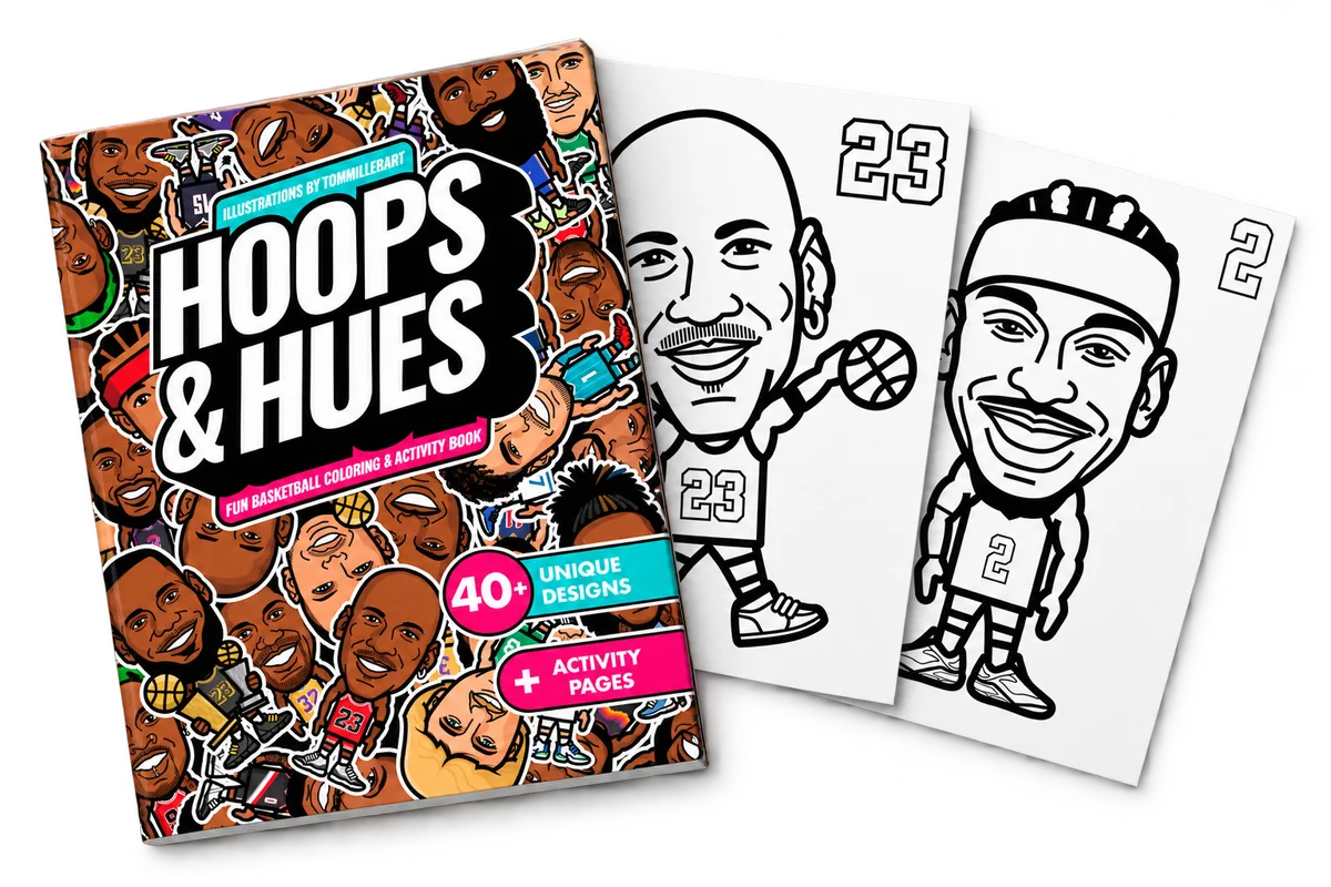 Hoops & Hues basketball coloring and activity book with sample pages